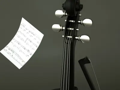 Violin 3D Model with music sheets floating in air Low-poly 3D model