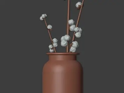 Cotton Branches Plant in Amber Glass Jar 3D model