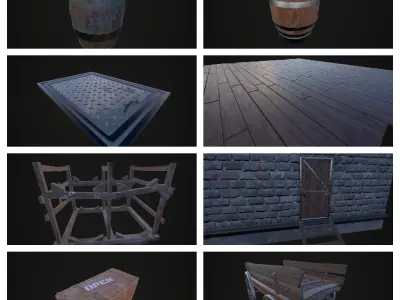 Medieval Barrels and boxes scene Free low-poly 3D model