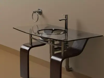 Modern Glass Wash Basin with Wooden Stand 3D model
