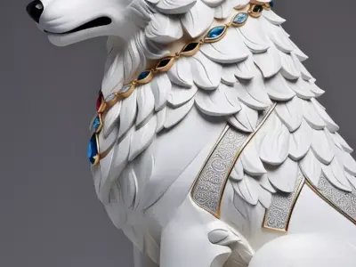 Arctic Sovereign Gem-Adorned White Wolf Sculpture Low-poly 3D model