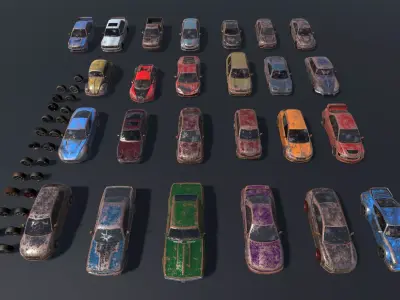 Pack Of wrecked rusted Low Poly 25 Sports Cars and 25 Rims Low-poly 3D model