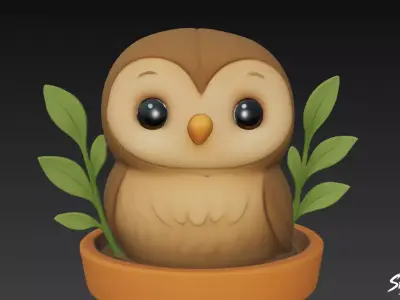 Owl in Flower Pot Low-poly 3D model