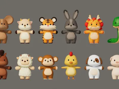 Rigged Cartoon Animals Collection Pack-001 Low-poly 3D model