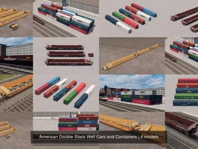 American Double Stack Well Cars and Containers 3D Model Pack