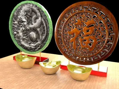Chinese gold Ingot  with dragon  fu  3D model