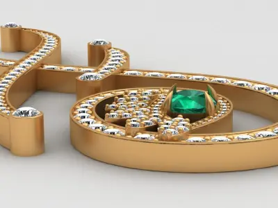 Tabayer F Letter Diamond Emerald Gold Pendant 3D print model
