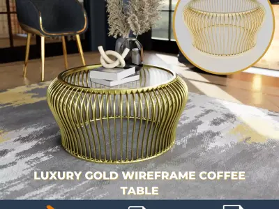 Luxury Gold Wireframe Coffee Table with Glass Top 3D model