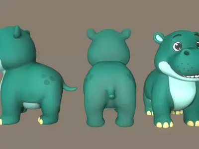 Rigged Cute Playful Green Hippo Low-poly 3D model