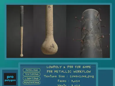 Spiked Baseball Bat Lowpoly Pbr Gameready Low-poly 3D model