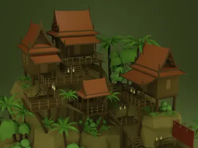  Thai houses and wooden corridors Free low-poly 3D model