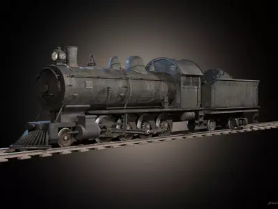 Old train locomotive and wagon 3D model