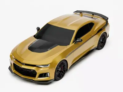 Modern Golden Yellow Muscle Car with Aerodynamic Sport Kit Low-poly 3D model