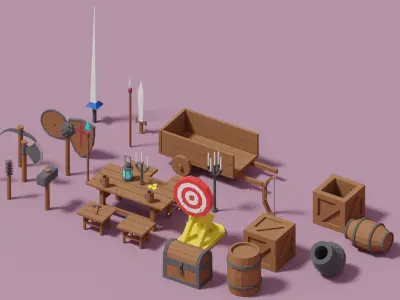 Cartoon Medieval Props Package Low-poly 3D model