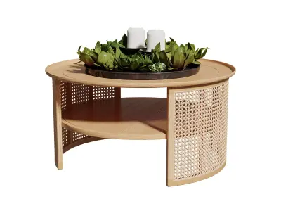 Homary 2-Tiered Japandi Round Wood Rattan Coffee Table        3D model
