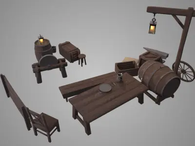 Medieval wooden village props Free 3D model