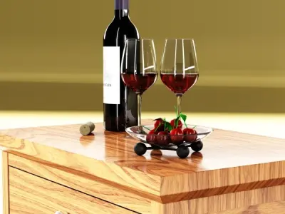 Wine Table Rack 3 Bottles Cups and Cherries 3D model
