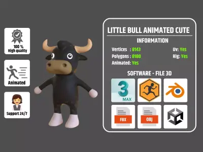 High-Quality 3D Cute Bull Animated For Games Low-poly 3D model