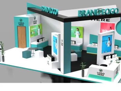Contemporary exhibition booth with teal accents and brand focus 3D model