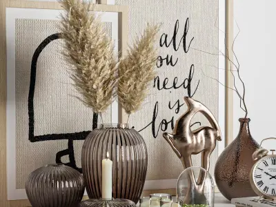 Decorative set items and clock on table 3D model