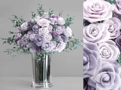 Realistic Lavender violet purple Europe Roses glass Vase 3D model