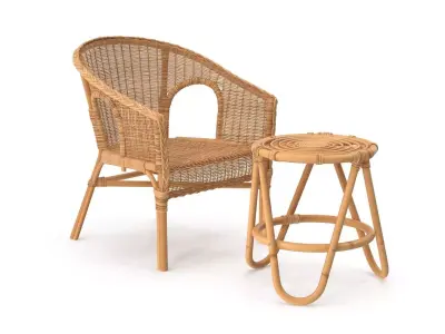 Bamboo Set rattan chair and stool Low-poly 3D model