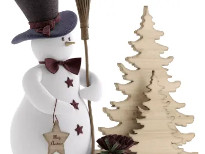 Snowman and wooden christmas tree 2 3D model