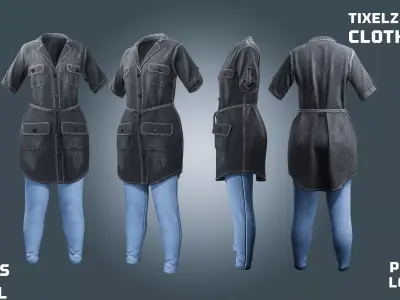 2 jeans Shirt Dress - clothyfic outfit Low-poly 3D model
