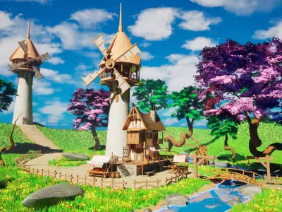 Stylized Windmill Village Game Ready Environment Unreal Engine  Low-poly 3D model
