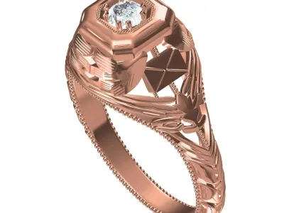 Unique Single Stone engraving Art Deco Ring 3D print model