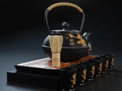 Oriental Tea Set - Teapot and Cups 3D model