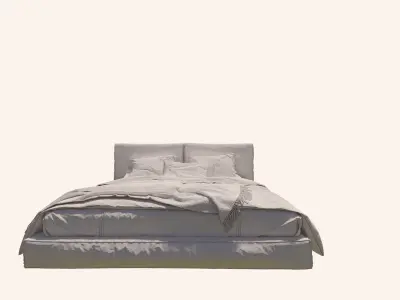Double Bed with Pillows and Blanket - Modern Fabric and Wood 3D model