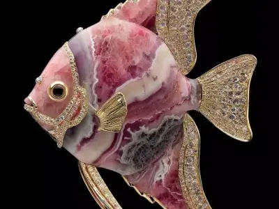 Luxury Fish Brooch 3D Gemstone Jewelry Pink Agate Diamonds Low-poly 3D model