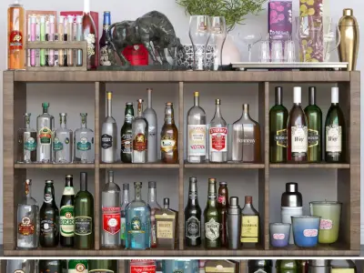 Alcohol set liquor cabinet with bottles and glasses 3D model