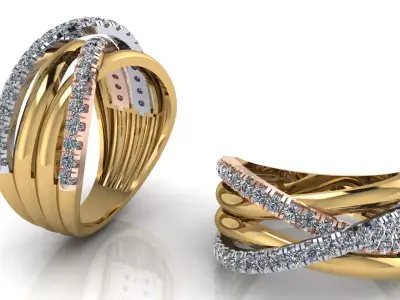 Wide Three Tone Crossover Ring with Micro Prong Set Diamonds 3D print model