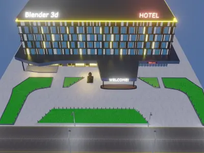 Hotel building with lights Low-poly 3D model