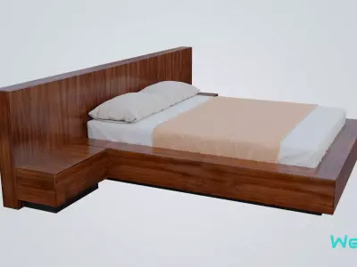 Bed with Wooden Headboard Low-poly 3D model