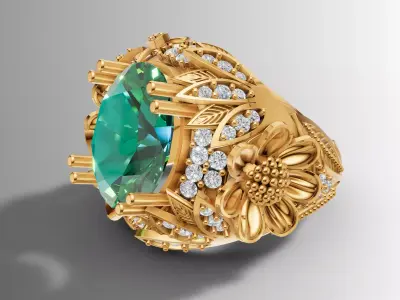  Cocktail Ring 3D Model Large Cabochon Floral Design 3D print model