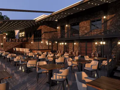 Restaurant with tables and chairs at dusk 3D model