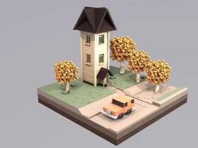 Low Poly - Antumn house with trees and car Low-poly 3D model