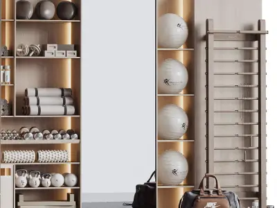 Home Gym Wall Rack with Equipment 05 3D model