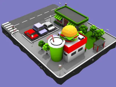 Burger Cafe Block from Cartoon Low Poly City Low-poly 3D model