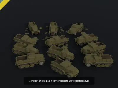 Cartoon Dieselpunk armored cars asset Polygonal Style 3D Model Pack
