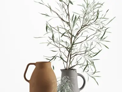 Vases set by H M with olive and rosmarinus branch 3D model