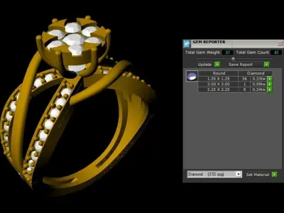 Split Shank Floral Cluster Engagement Ring in Yellow Gold 3D print model