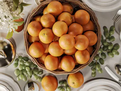 Elegant Dining Table with White Lilac Flowers and Fruit Basket 3D model