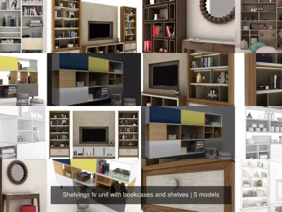 Shelvings tv unit with bookcases and shelves 3D Model Collection