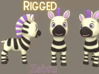 Rigged Violet Cartoon Zebra Low-poly 3D model