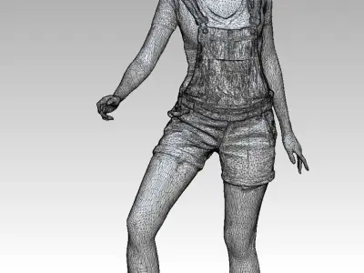 Young girl in short denim overalls on a skateboard 211 Low-poly 3D model