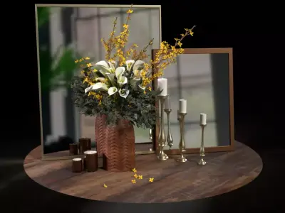 Decor set candles candlesticks bouquet of flowers and mirrors 3D model